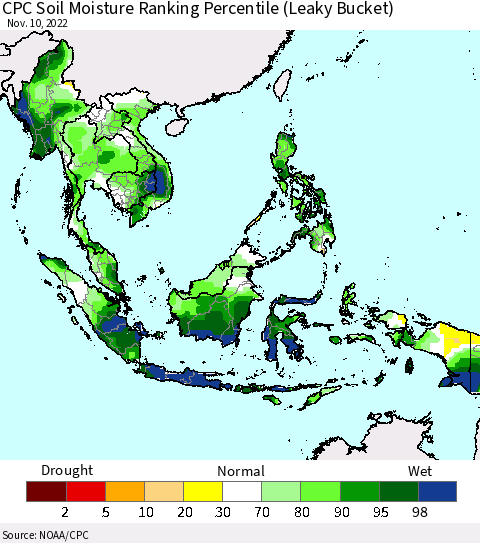 South East Asia CPC Soil Moisture Ranking Percentile (Leaky Bucket) Thematic Map For 11/6/2022 - 11/10/2022
