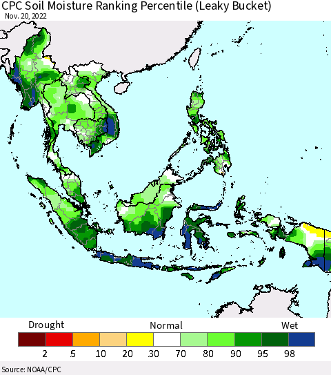 South East Asia CPC Soil Moisture Ranking Percentile (Leaky Bucket) Thematic Map For 11/16/2022 - 11/20/2022