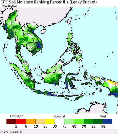 South East Asia CPC Soil Moisture Ranking Percentile (Leaky Bucket) Thematic Map For 11/21/2022 - 11/25/2022