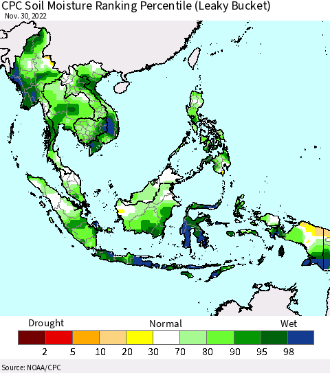 South East Asia CPC Soil Moisture Ranking Percentile (Leaky Bucket) Thematic Map For 11/26/2022 - 11/30/2022
