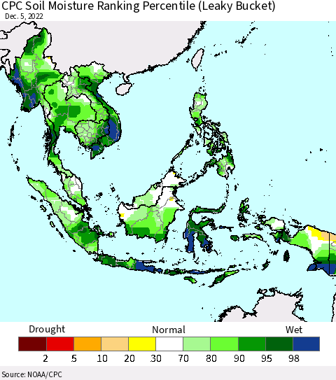 South East Asia CPC Soil Moisture Ranking Percentile (Leaky Bucket) Thematic Map For 12/1/2022 - 12/5/2022