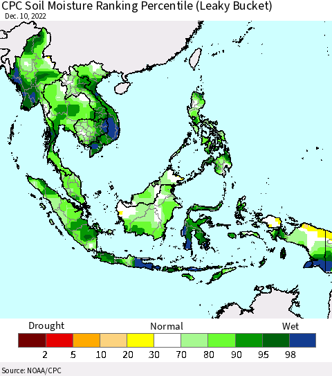 South East Asia CPC Soil Moisture Ranking Percentile (Leaky Bucket) Thematic Map For 12/6/2022 - 12/10/2022