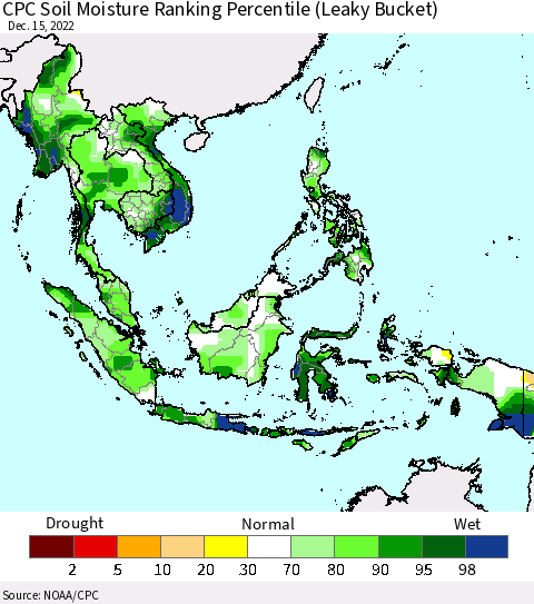 South East Asia CPC Soil Moisture Ranking Percentile (Leaky Bucket) Thematic Map For 12/11/2022 - 12/15/2022