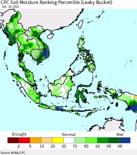 South East Asia CPC Soil Moisture Ranking Percentile (Leaky Bucket) Thematic Map For 12/16/2022 - 12/20/2022
