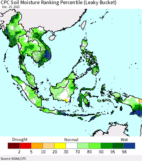 South East Asia CPC Soil Moisture Ranking Percentile (Leaky Bucket) Thematic Map For 12/21/2022 - 12/25/2022