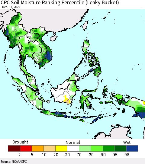 South East Asia CPC Soil Moisture Ranking Percentile (Leaky Bucket) Thematic Map For 12/26/2022 - 12/31/2022