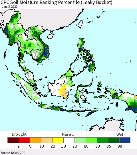 South East Asia CPC Soil Moisture Ranking Percentile (Leaky Bucket) Thematic Map For 1/1/2023 - 1/5/2023