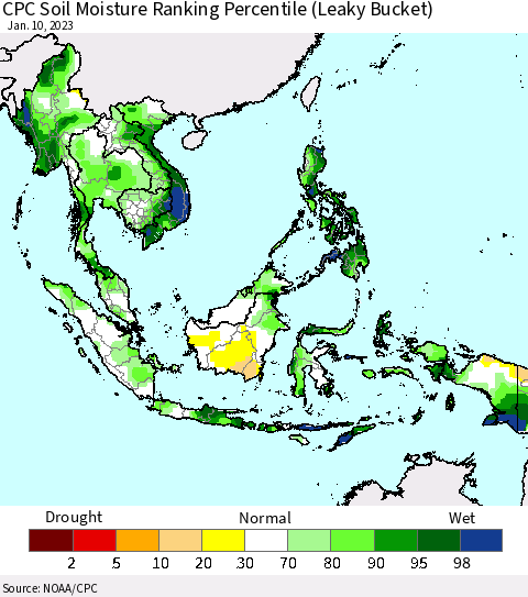 South East Asia CPC Soil Moisture Ranking Percentile (Leaky Bucket) Thematic Map For 1/6/2023 - 1/10/2023