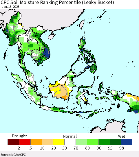 South East Asia CPC Soil Moisture Ranking Percentile (Leaky Bucket) Thematic Map For 1/11/2023 - 1/15/2023
