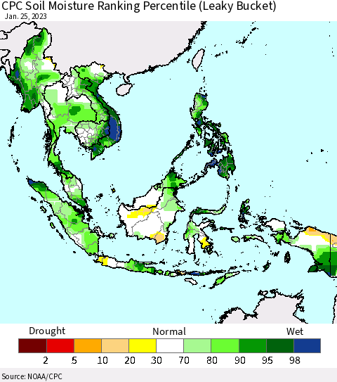 South East Asia CPC Soil Moisture Ranking Percentile (Leaky Bucket) Thematic Map For 1/21/2023 - 1/25/2023
