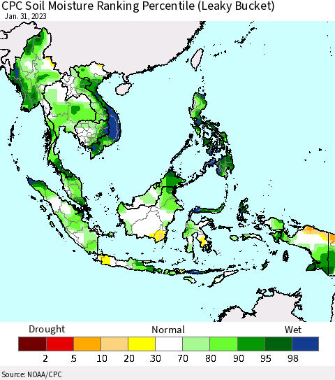 South East Asia CPC Soil Moisture Ranking Percentile (Leaky Bucket) Thematic Map For 1/26/2023 - 1/31/2023