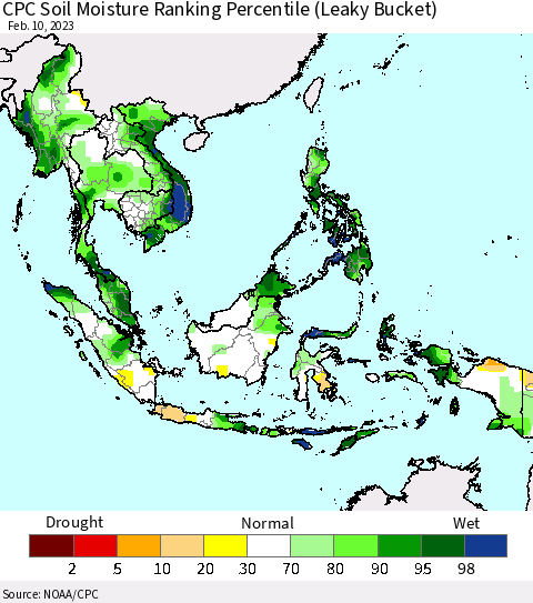South East Asia CPC Soil Moisture Ranking Percentile (Leaky Bucket) Thematic Map For 2/6/2023 - 2/10/2023