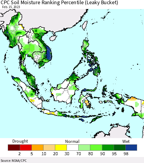 South East Asia CPC Soil Moisture Ranking Percentile (Leaky Bucket) Thematic Map For 2/11/2023 - 2/15/2023