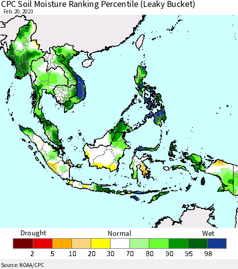 South East Asia CPC Soil Moisture Ranking Percentile (Leaky Bucket) Thematic Map For 2/16/2023 - 2/20/2023