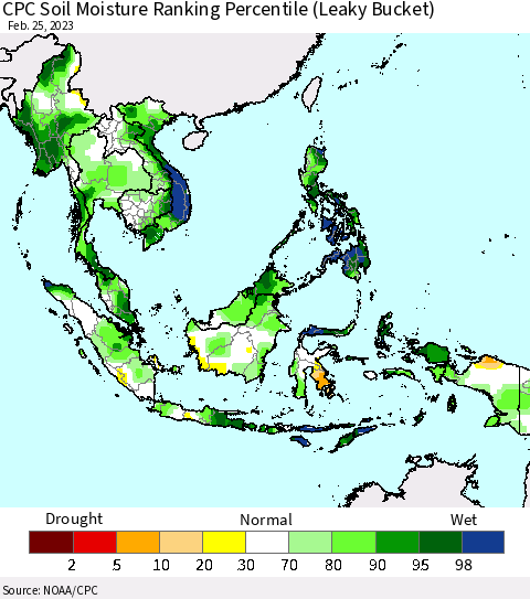South East Asia CPC Soil Moisture Ranking Percentile (Leaky Bucket) Thematic Map For 2/21/2023 - 2/25/2023
