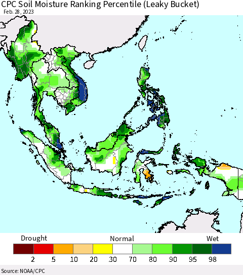 South East Asia CPC Soil Moisture Ranking Percentile (Leaky Bucket) Thematic Map For 2/26/2023 - 2/28/2023