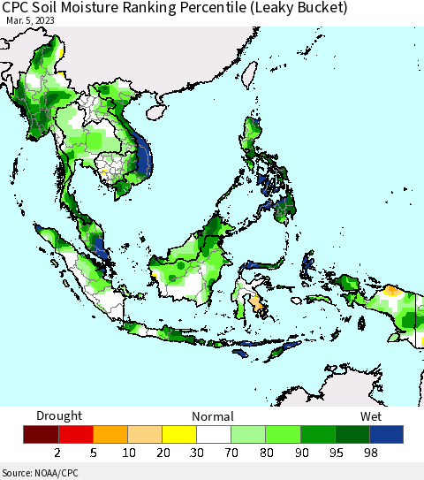 South East Asia CPC Soil Moisture Ranking Percentile (Leaky Bucket) Thematic Map For 3/1/2023 - 3/5/2023
