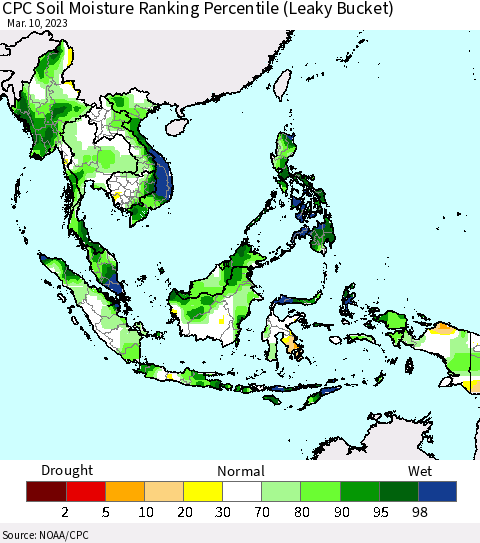 South East Asia CPC Soil Moisture Ranking Percentile (Leaky Bucket) Thematic Map For 3/6/2023 - 3/10/2023
