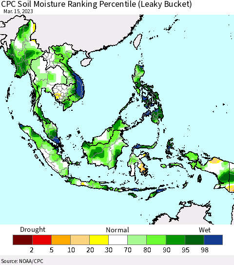 South East Asia CPC Soil Moisture Ranking Percentile (Leaky Bucket) Thematic Map For 3/11/2023 - 3/15/2023