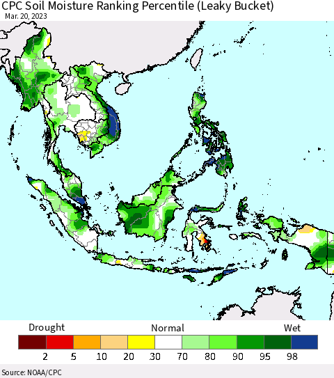 South East Asia CPC Soil Moisture Ranking Percentile (Leaky Bucket) Thematic Map For 3/16/2023 - 3/20/2023