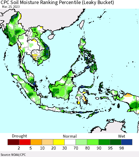 South East Asia CPC Soil Moisture Ranking Percentile (Leaky Bucket) Thematic Map For 3/21/2023 - 3/25/2023