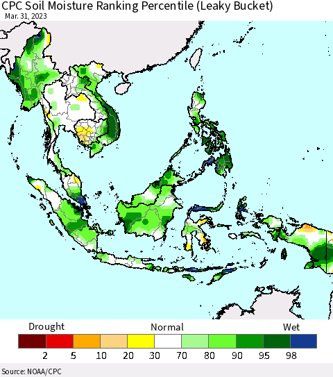 South East Asia CPC Soil Moisture Ranking Percentile (Leaky Bucket) Thematic Map For 3/26/2023 - 3/31/2023