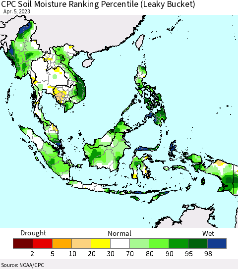 South East Asia CPC Soil Moisture Ranking Percentile (Leaky Bucket) Thematic Map For 4/1/2023 - 4/5/2023