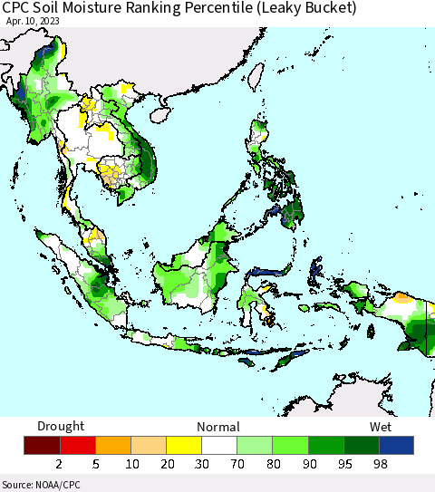South East Asia CPC Soil Moisture Ranking Percentile (Leaky Bucket) Thematic Map For 4/6/2023 - 4/10/2023