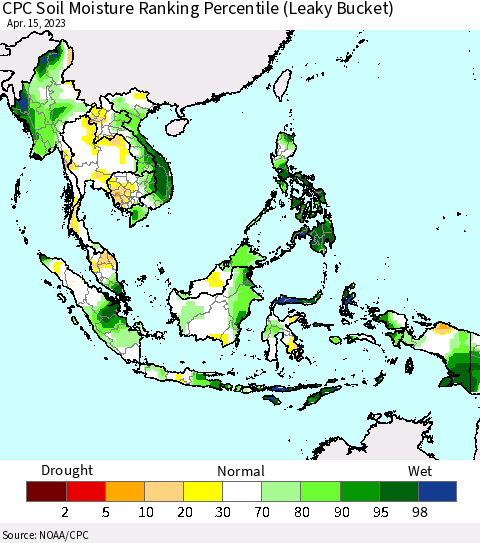 South East Asia CPC Soil Moisture Ranking Percentile (Leaky Bucket) Thematic Map For 4/11/2023 - 4/15/2023