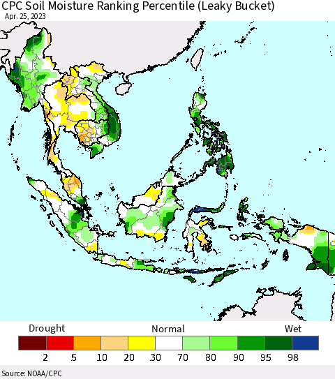 South East Asia CPC Soil Moisture Ranking Percentile (Leaky Bucket) Thematic Map For 4/21/2023 - 4/25/2023