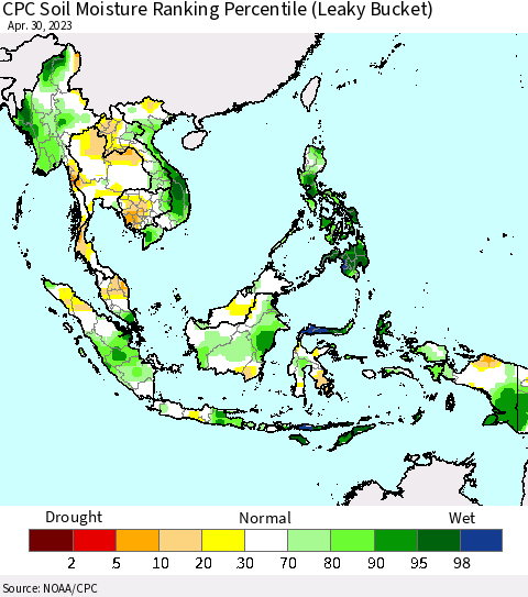 South East Asia CPC Soil Moisture Ranking Percentile (Leaky Bucket) Thematic Map For 4/26/2023 - 4/30/2023