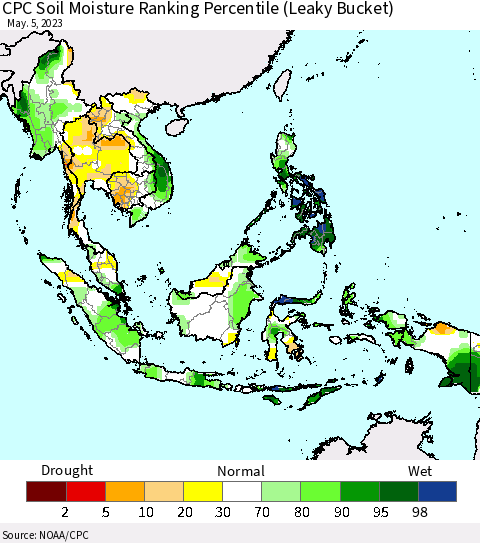 South East Asia CPC Soil Moisture Ranking Percentile (Leaky Bucket) Thematic Map For 5/1/2023 - 5/5/2023