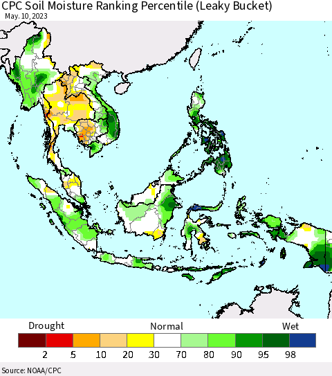 South East Asia CPC Soil Moisture Ranking Percentile (Leaky Bucket) Thematic Map For 5/6/2023 - 5/10/2023