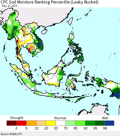 South East Asia CPC Soil Moisture Ranking Percentile (Leaky Bucket) Thematic Map For 5/11/2023 - 5/15/2023