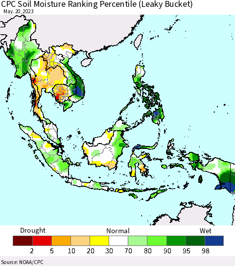 South East Asia CPC Soil Moisture Ranking Percentile (Leaky Bucket) Thematic Map For 5/16/2023 - 5/20/2023