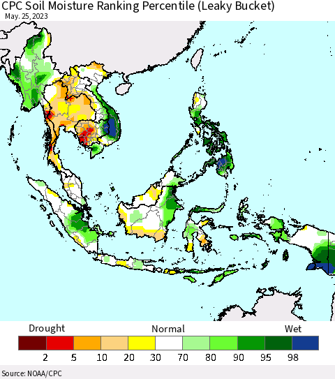 South East Asia CPC Soil Moisture Ranking Percentile (Leaky Bucket) Thematic Map For 5/21/2023 - 5/25/2023