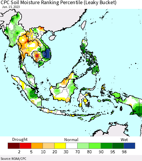 South East Asia CPC Soil Moisture Ranking Percentile (Leaky Bucket) Thematic Map For 6/11/2023 - 6/15/2023