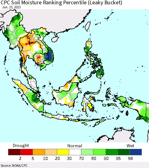 South East Asia CPC Soil Moisture Ranking Percentile (Leaky Bucket) Thematic Map For 6/21/2023 - 6/25/2023