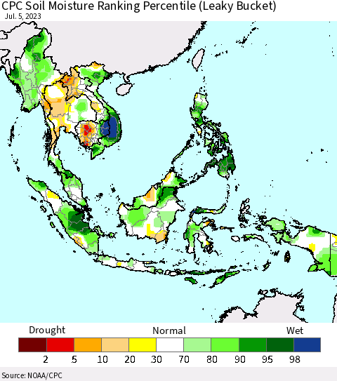 South East Asia CPC Soil Moisture Ranking Percentile (Leaky Bucket) Thematic Map For 7/1/2023 - 7/5/2023