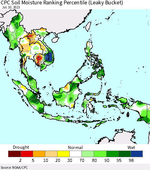 South East Asia CPC Soil Moisture Ranking Percentile (Leaky Bucket) Thematic Map For 7/6/2023 - 7/10/2023