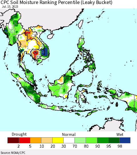 South East Asia CPC Soil Moisture Ranking Percentile (Leaky Bucket) Thematic Map For 7/11/2023 - 7/15/2023