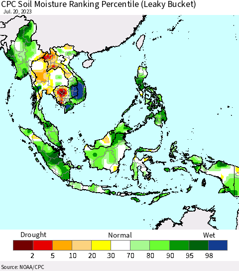 South East Asia CPC Soil Moisture Ranking Percentile (Leaky Bucket) Thematic Map For 7/16/2023 - 7/20/2023