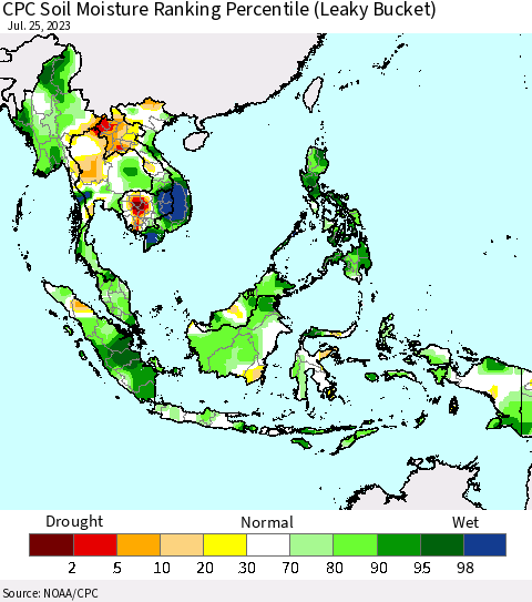 South East Asia CPC Soil Moisture Ranking Percentile (Leaky Bucket) Thematic Map For 7/21/2023 - 7/25/2023