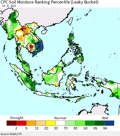 South East Asia CPC Soil Moisture Ranking Percentile (Leaky Bucket) Thematic Map For 7/26/2023 - 7/31/2023