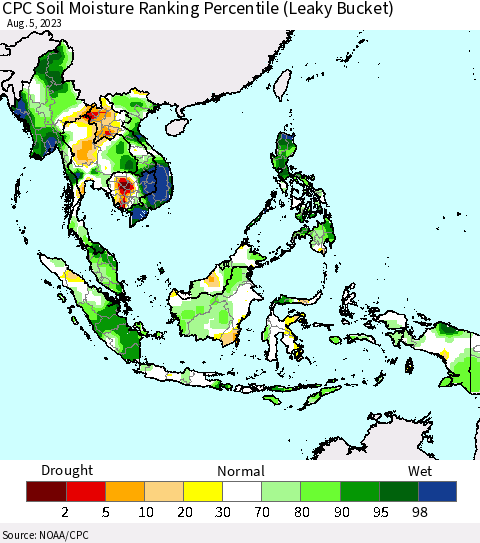South East Asia CPC Soil Moisture Ranking Percentile (Leaky Bucket) Thematic Map For 8/1/2023 - 8/5/2023