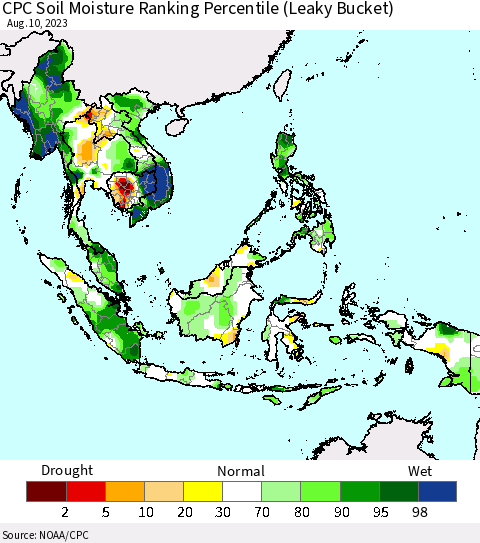 South East Asia CPC Soil Moisture Ranking Percentile (Leaky Bucket) Thematic Map For 8/6/2023 - 8/10/2023