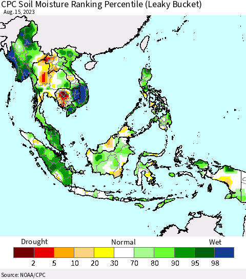 South East Asia CPC Soil Moisture Ranking Percentile (Leaky Bucket) Thematic Map For 8/11/2023 - 8/15/2023