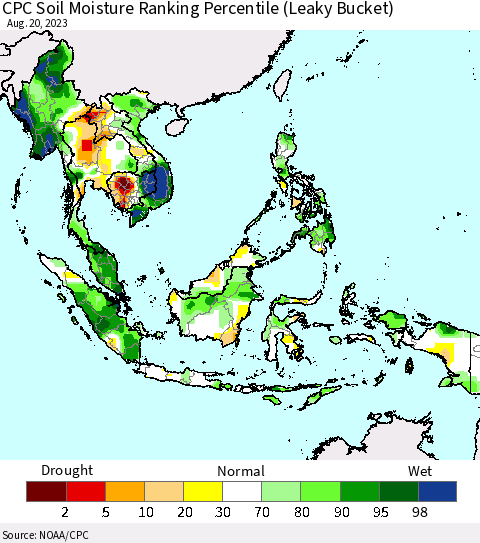 South East Asia CPC Soil Moisture Ranking Percentile (Leaky Bucket) Thematic Map For 8/16/2023 - 8/20/2023