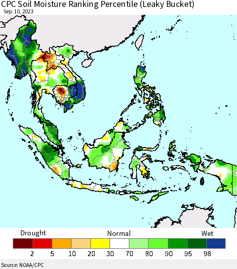 South East Asia CPC Soil Moisture Ranking Percentile (Leaky Bucket) Thematic Map For 9/6/2023 - 9/10/2023