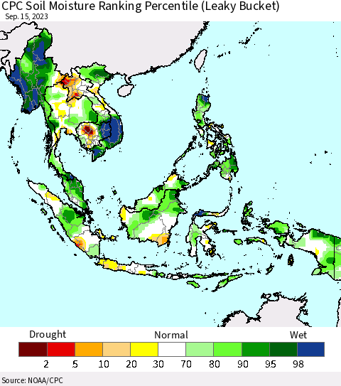 South East Asia CPC Soil Moisture Ranking Percentile (Leaky Bucket) Thematic Map For 9/11/2023 - 9/15/2023